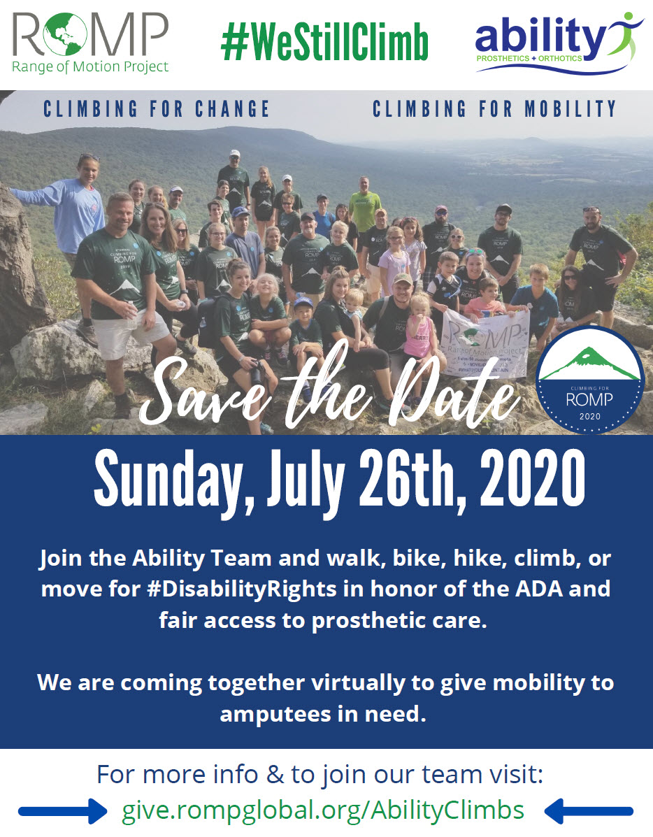 Click here to sign up: facebook.com/events/s/climb… 
#ROMP #RompGlobal #rangeofmotionproject #Ability #abilitypo #abilityactive #DisabilityRights #ADA #prosthetic #fair #mobility #amputees #amputeesinneed #savethedate