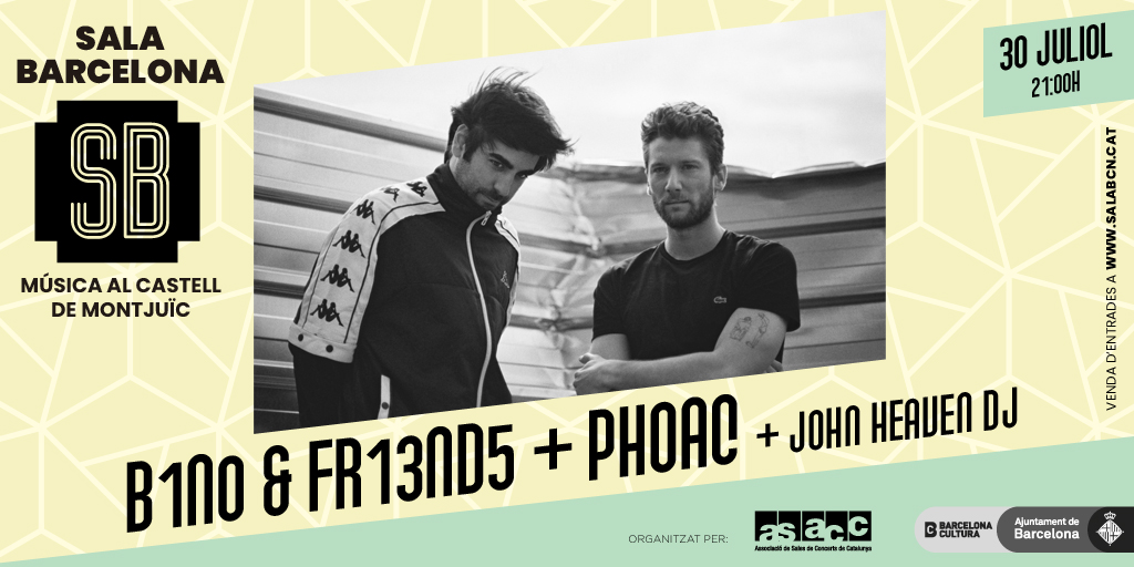 El 30 de juliol a #salaBCN nit de sons estimulants i ritmes d'avantguarda. 🎧 🎹

L'experimentació electrònica i la delicadesa pop de <a href="/b1n0oficial/">b1n0</a> &amp; Fr13nd5, i la mescla de hip hop i guitarres de #Phoac. 

➕  #JohnHeaven DJ
🎟️  bit.ly/2ZwGQIh