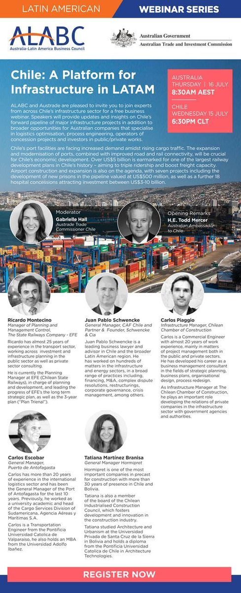 Infrastructure will be key to the #COVID19 recovery. Looking forward to chatting with Chilean experts tonight at 18:30 CLT about the growing opportunities for Australian companies. Thanks @Aus_LATAMBusCou @AustradeLATAM for organising! Register 👉 shorturl.at/eioPR