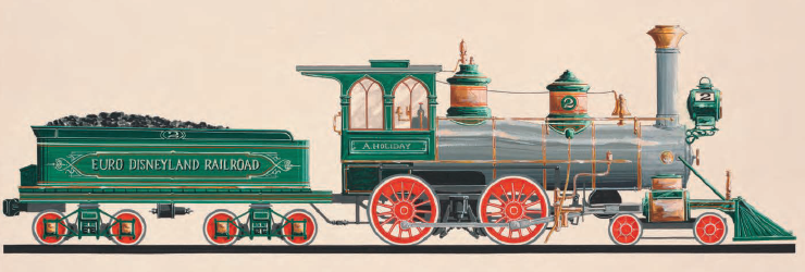 Le vert C.K. Holliday (hommage au train inaugural de Disneyland, faut suivre un peu !) et les wagons Atlantic City, Chesapeake, Coney Island, Long Island et Niagara Falls qui renvoient aux lieux de villégiature préférés des Américains à la fin du XIXème