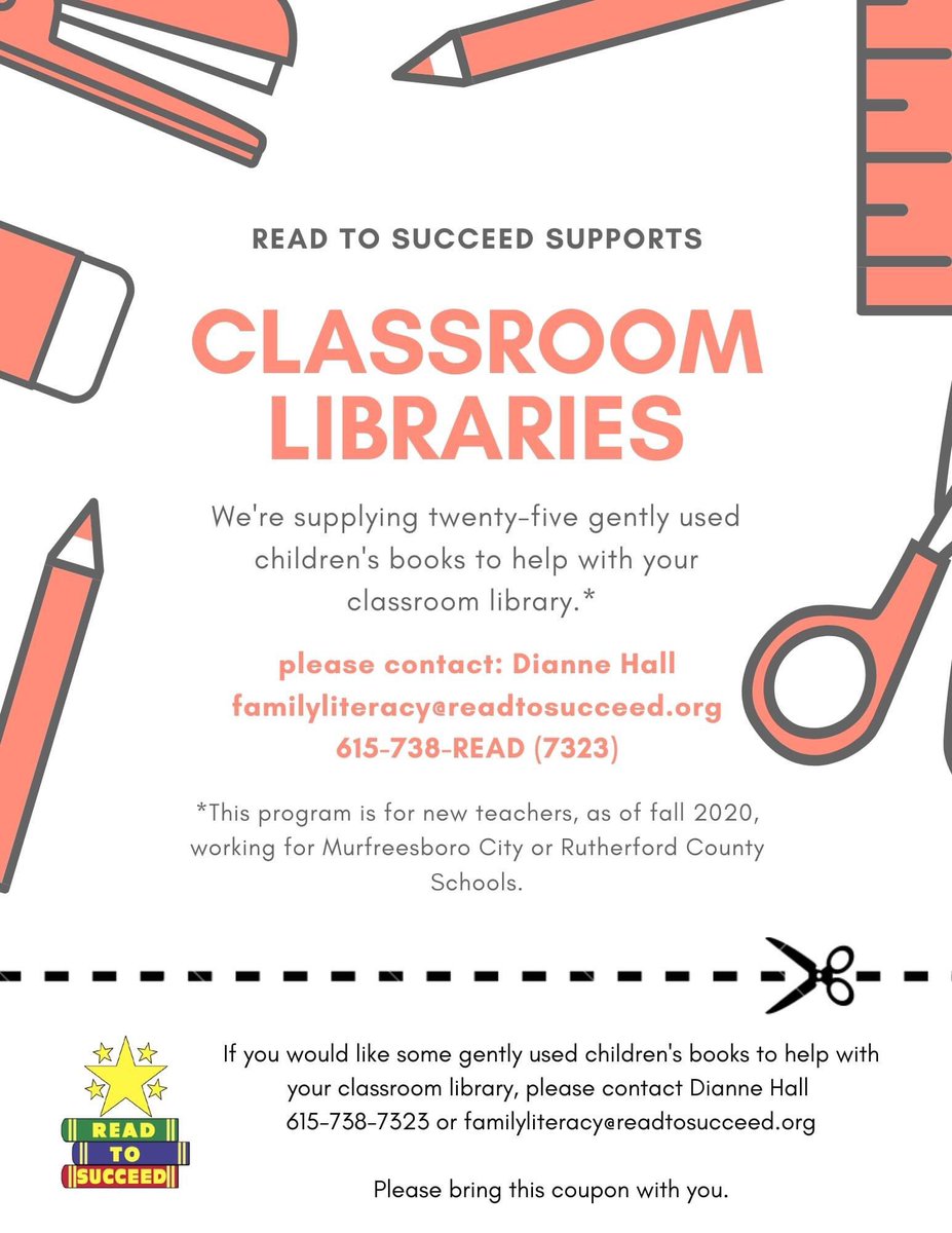 TEACHERS!!! We want to supply books for your classroom library! If you are a new teacher (fall 2020) working for Murfreesboro City or Rutherford County Schools, we would like to provide you with 25 gently used children's books. familyliteracy@readtosucceed.org or 615-738-7323