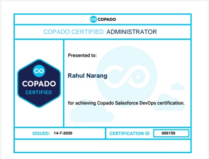 narang_rahul08's tweet image. Got Copado Admin Certification 😀😀@CopadoSolutions @salesforce #CopadoAdmin @trailhead