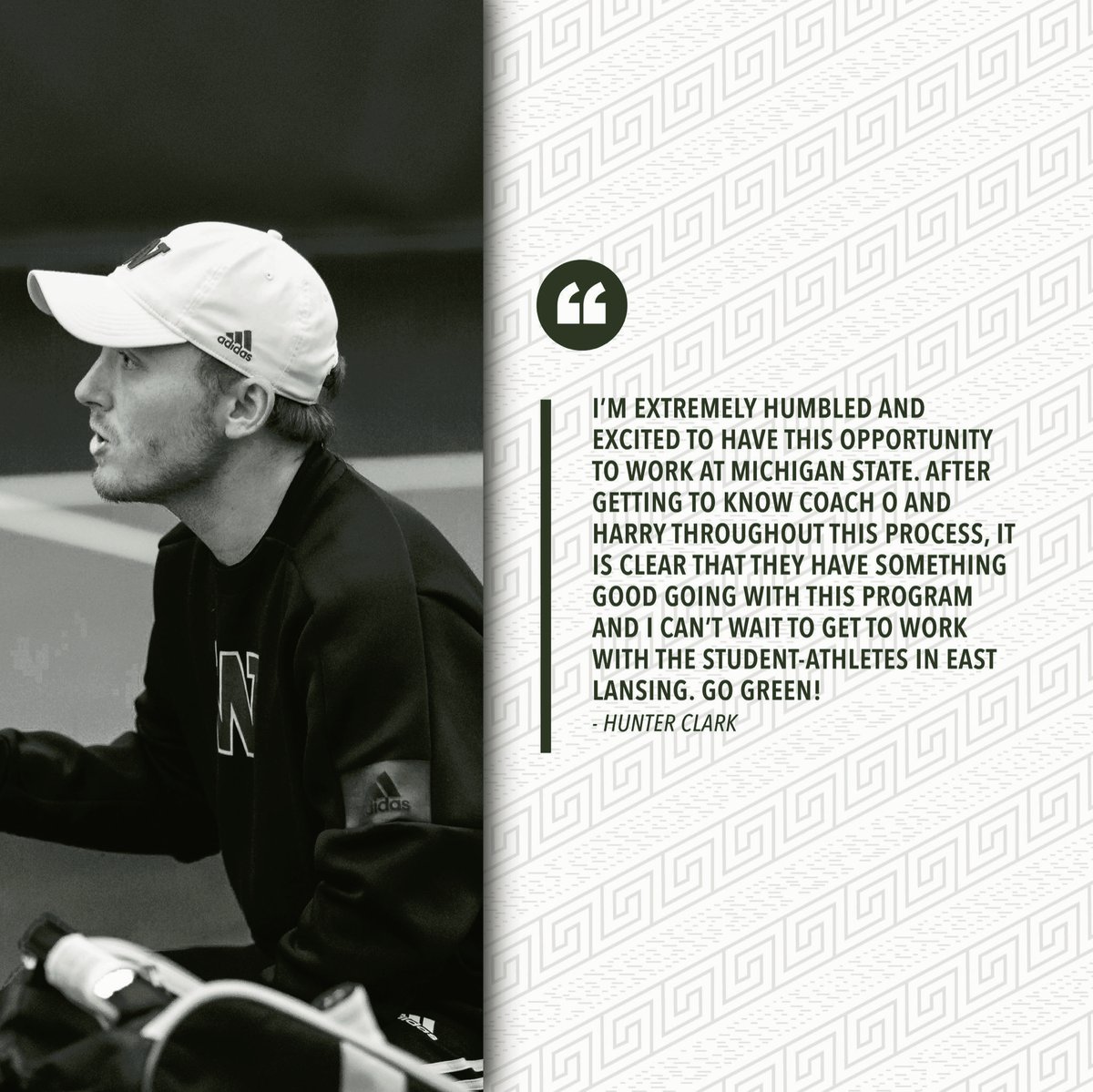 MSU_MTennis's tweet photo. With this week’s #SpartanSpotlight, we are excited to announce the addition of Hunter Clark to our coaching staff! Hunter brings championship pedigree as a player and elite experience as a coach to East Lansing 📈🔥🔋 #GoGreen #TheOnlyColors https://t.co/PKoT3HSys2