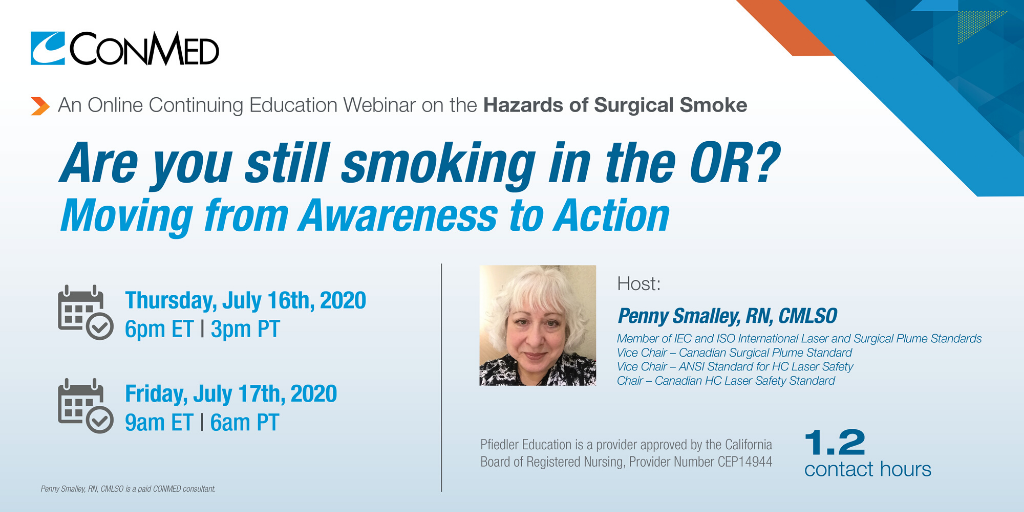 CONMED_Corp's tweet photo. Join us for a Continuing Education Webinar on Surgical Smoke with Penny Smalley, RN, CMLSO:

Thursday, July 16th, 6PM ET | REGISTER: https://t.co/l0LvdSBrX3

Friday, July 17th, 9AM ET | REGISTER: https://t.co/ML3YmczPtT

#conmed #surgicalsmoke #cleartheair #buffalofilter #nurses https://t.co/KPwbOpm4L7