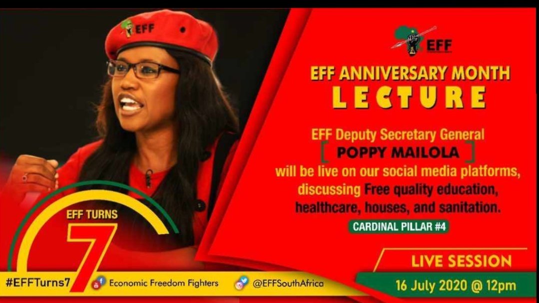 EkurhuleniE's tweet photo. The Deputy Secretary General of @EFFSouthAfrica commisar @mailola_poppy will be delivering a lecture on cardinal pillar number 4 as detailed on the uploaded image.
"Free quality education, healthcare, houses and sanitation"
#EFFTurns7
#effbookclub https://t.co/emfDd2jcON