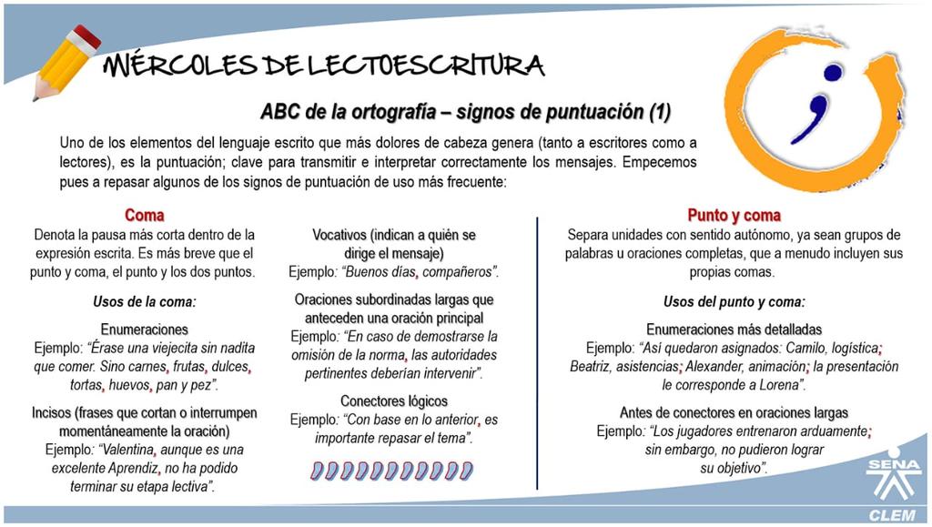 GermansSuarez's tweet photo. Hoy, en Miércoles de Lectoescritura @SENA_RValle CLEM #Tuluá: Signos de puntuación; tengamos en cuenta los siguientes consejos y aprovechemos esta valiosa herramienta  que nos ayudará a fortalecer nuestra comunicación. #CuidándomeTeProtejo https://t.co/IAHq9k2P8v