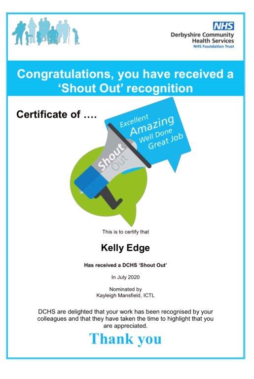 DCHStrust's tweet photo. Well done to Kelly Edge, a community nursery nurse who was redeployed to the Alfreton District Nursing team during the Covid-19 pandemic, for her shout out from the team. “Thank you for all your hard work and supporting the team in such challenging times!” https://t.co/8ZIOlx67hR