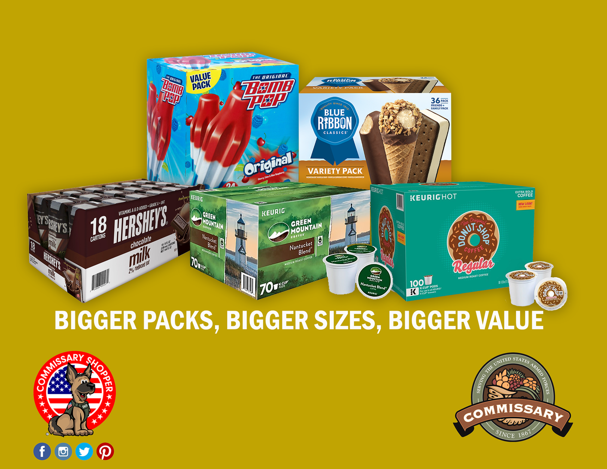 CommissaryShep's tweet photo. ARF! Visit Your Local Commissary NOW! Patrons Save 27% vs. Everyday Shelf Item 😁. Purchase Today &amp; Hurry While Supplies Last! @YourCommissary  #hersheys #greenmountaincoffee #bluebunny #blueribbon #localcommissary #savings #valuesizes https://t.co/M20ZtnkRJt