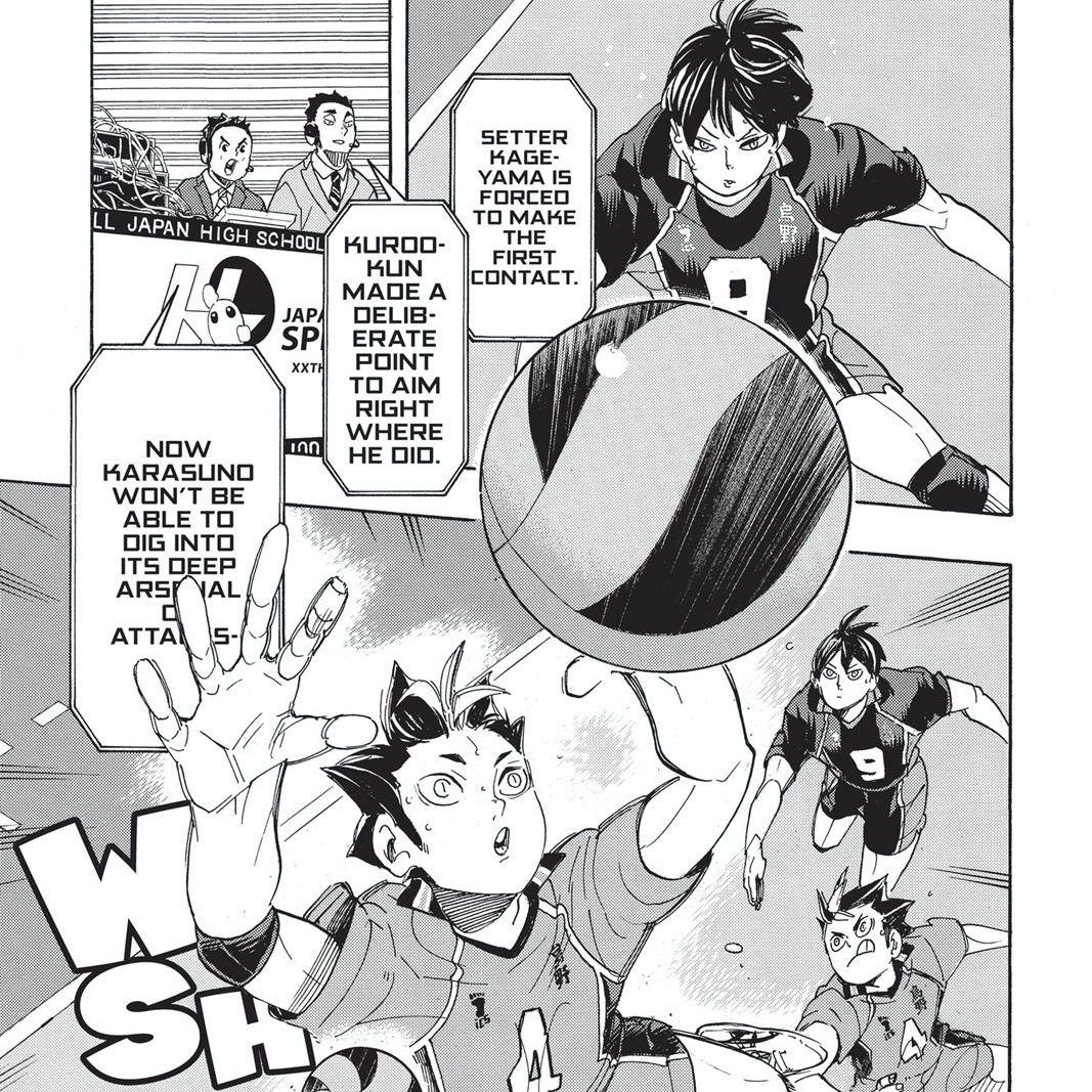 My most favourite of Furudate's techniques: using one ball to connect two panels/perspectives/actions (in this case Kageyama and Noya). It smoothens the flows of actions, imitates speed, and gives rise to very interesting perspectives (and, sometimes, their disregards).