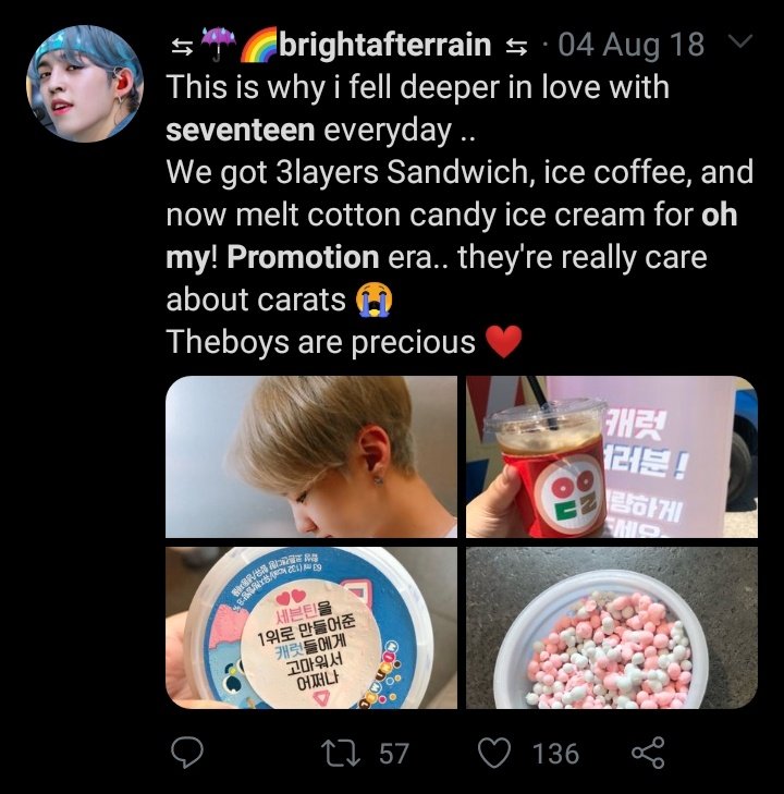 +they even made a collab with dalkomm coffee where seventeen made a limited edition drink and carats went to dalkomm shops to find the limited cards as well!+during promo period SEVENTEEN themselves give food support for carats too!Spell spoiled? it's C A R A T S.(©)