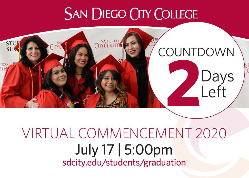 sdcitycollege's tweet photo. Our grads are incredible. Come celebrate with us in 2 days at the VIRTUAL COMMENCEMENT 2020!
Friday, July 17 | 5:00pm. Show us your decorated mortarboard using the hashtag: #citygrad2020. For more info: https://t.co/nRLb0hsqty
#CityGrad2020, #sdcitygrad, #iamcitycollege https://t.co/OfWNC4KFvt