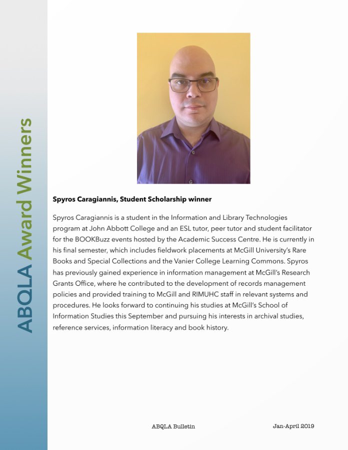SCaragiannis's tweet photo. Honoured and grateful to be the 2020 winner of the Quebec Library Association @ABQLA Student Scholarship Award. #LibraryScholarships #LibraryAssociations #QuebecLibraries #ABQLA https://t.co/umzG0CPxyu