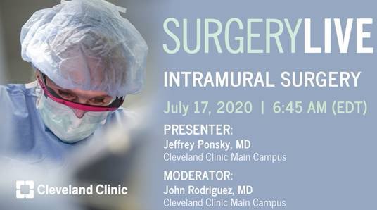 Join @JeffPonskyMD as he discusses Intramural Surgery on #SurgeryLive with @davidrrosenmd bit.ly/surgeryliveccf Meeting number: 161 403 7880 Password: surgerylive