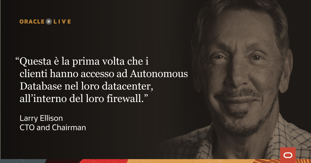 OracleItalia's tweet photo. Quando prende la parola Larry Ellison, chairman e CTO di Oracle, si tratta di grandi annunci strategici.

E anche questa volta non ha disatteso le aspettative. 

Al via una svolta epocale nella strategia cloud di Oracle. 
Scopri di più: https://t.co/CLlNtzgJch https://t.co/HKOrEC71pP
