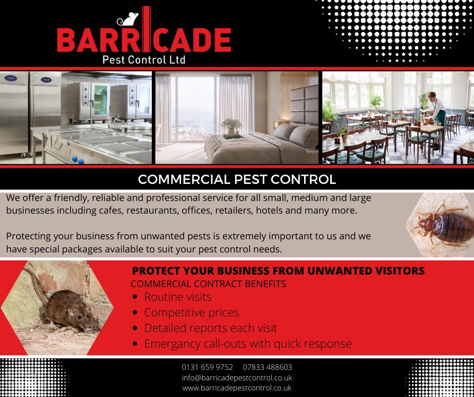 C O M M E R C I A L . P E S T . C O N T R O L 

We are pleased to announce that our commercial contract list is back open. 
 Find out more info here: facebook.com/barricadepestc…

#edinburgh #pestcontroledinburgh #commercialpestcontrol #pestcontrol #protectyourbusiness