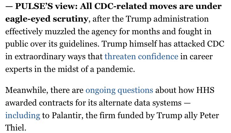 3. But after Trump’s attacks on his own public health officials, any move perceived to be weakening CDC - understandably - raises new questions of political interference.