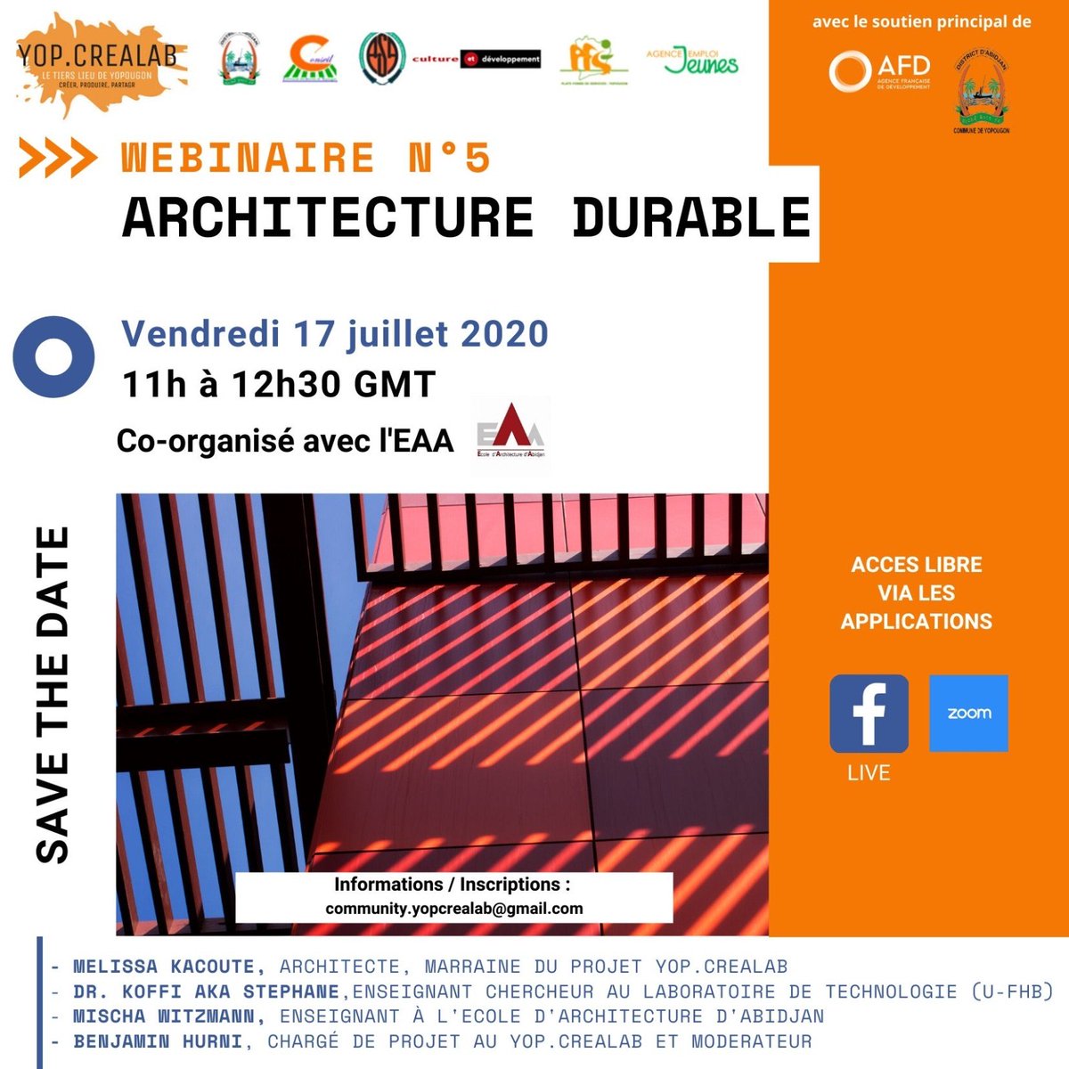 WEBINAIRE N°5 : Cette semaine on vous donne 2 RDV webinaire. Ce vendredi nous nous pencherons sur l'architecture durable en Côte d'Ivoire et ses opportunités professionnelles avec des experts de qualité. Participation : cutt.ly/Fp4teGt <a href="/AFD_France/">Agence Française de #Développement (AFD) 🇫🇷 🇪🇺</a> <a href="/mairieyop/">Mairie de Yopougon</a>