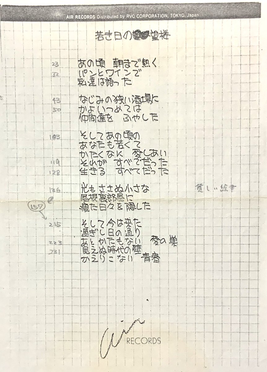 牧村g憲一 大貫妙子デビュー 40周年アニバーサリーブック 47頁に紹介されていた 歌詞カードのオリジナル 大貫妙子 ヴォーカル入れの日に使った手書きの歌詞 1行全部 書き直しってことになるとすぐにはできないから歌入れは中断 スタジオから出