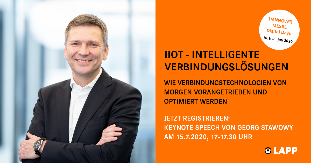 lapp_group_'s tweet photo. Seid ihr auch schon gespannt, welche #Innovationen und uns im Bereich der intelligenten #Verbindungslösungen für #IIoT erwarten? Gerade gibt Georg Stawowy, unser Vorstand für Innovation und Technik, in seiner Keynote auf den #HMDigitalDays spannende Einblicke! @hannover_messe https://t.co/FdI2xQIRsC