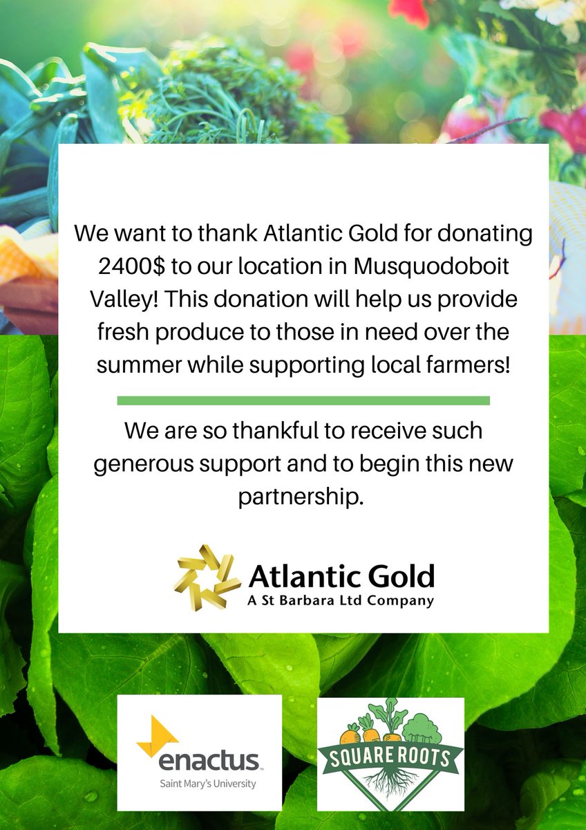 AtlanticGoldCo's tweet photo. We are proud to partner with an organization providing fresh produce to those in need and support for local farmers.  Thanks for all you do to @EnactusSmu and @SquareRootsSMU! @NS_Energy_Mines @MiningNS @David_Hendsbee @SteveStreatch @lloydphines @SeanFraserMP @StBarbaraLtd https://t.co/CLQH3BaHvY