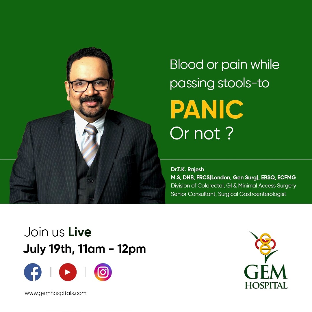 Join Dr. T.K. Rajesh for exclusive interview on Blood in stools and Pain in stools, this Sunday the 19th July, 2020. 
#piles #PilesTreatment #bloodinstools #Hemorrhoids