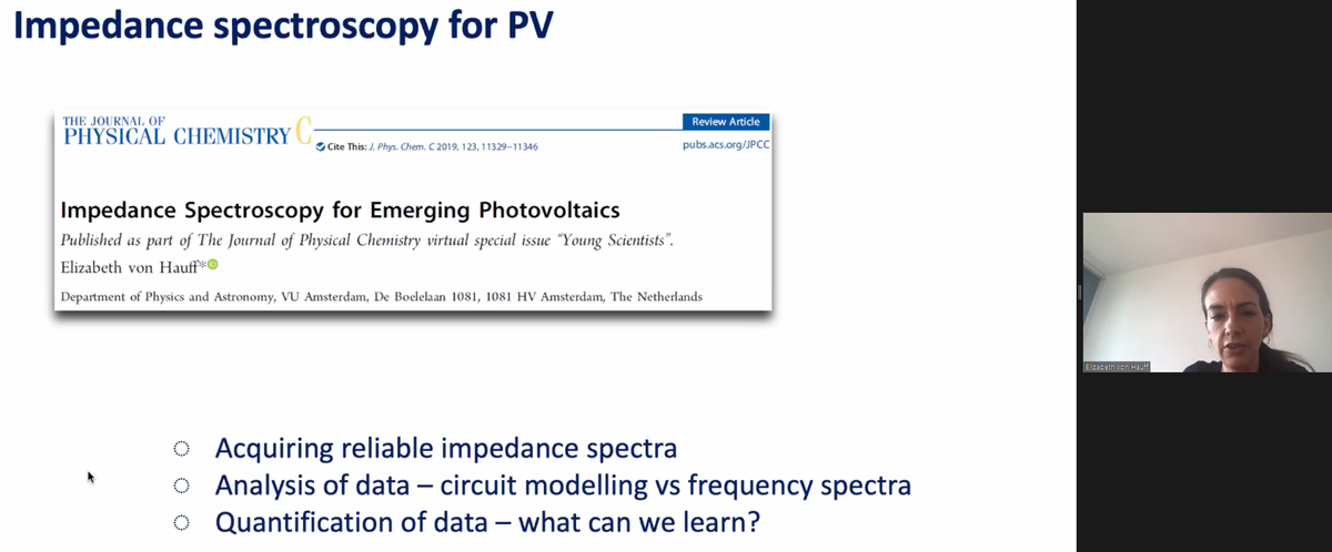 If you want to know how to use impedance spectroscopy for analyzing your solar cells, you should read the review by @evhauff, which she discussed during the #perovskite symposium at #OSAPhotonics20 by @OpticalSociety.

doi.org/10.1021/acs.jp…