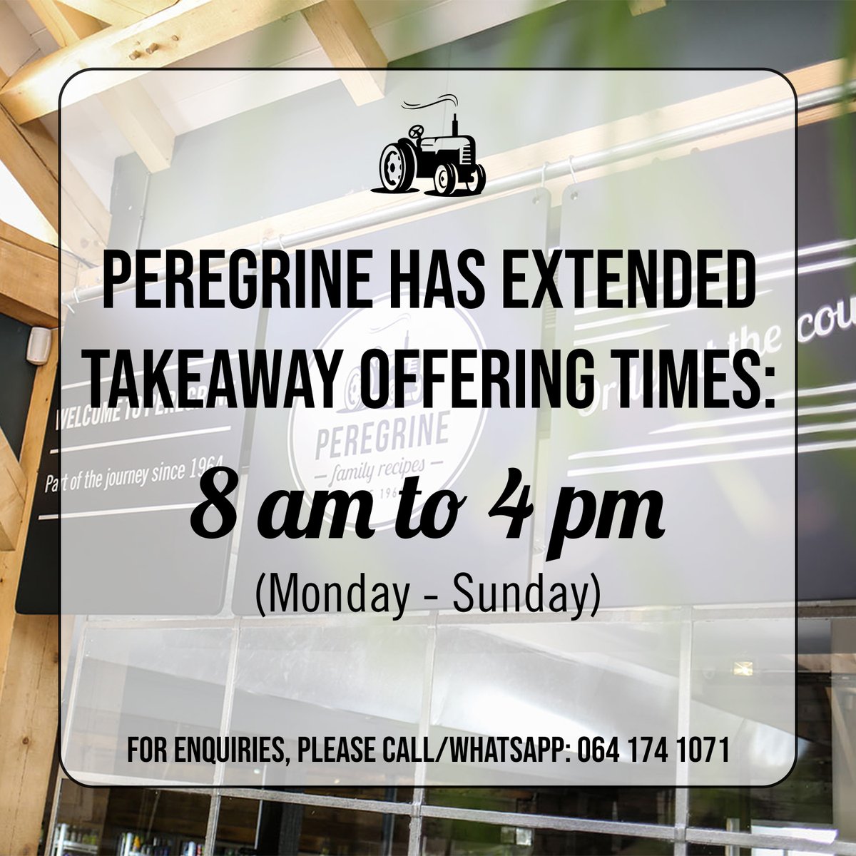 Hi folks! We have extended our takeaway offering times. You can get takeaways from 8 am to 4 pm, Monday to Sunday. You can still shop in the farm stall until 5 pm.