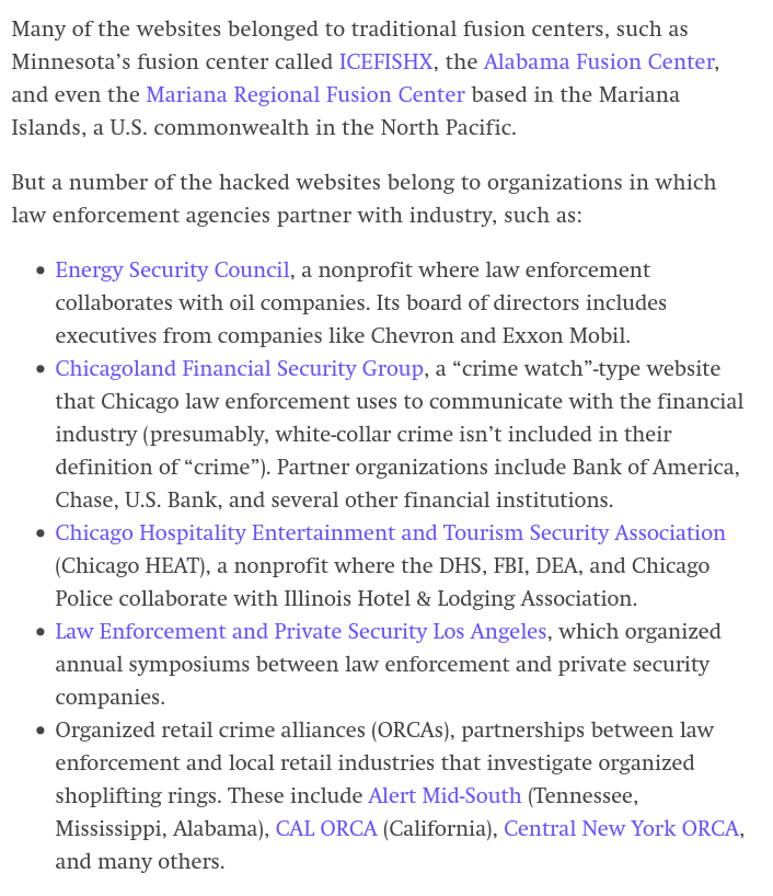 The hacked websites are mostly for "fusion centers" designed to share intelligence between feds and state and local cops. Many are devoted specifically to protecting oil companies, banks, and other industry