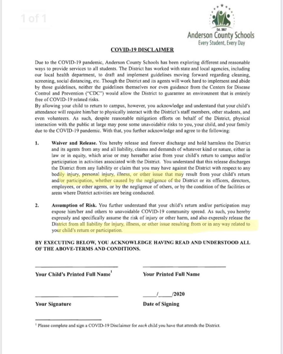 YesYoureRacist's tweet photo. The county in Tennessee where I grew up is making parents sign death waivers absolving the school district of liability if kids die of Covid after going back to school in the fall https://t.co/9GQKxJiaZ9