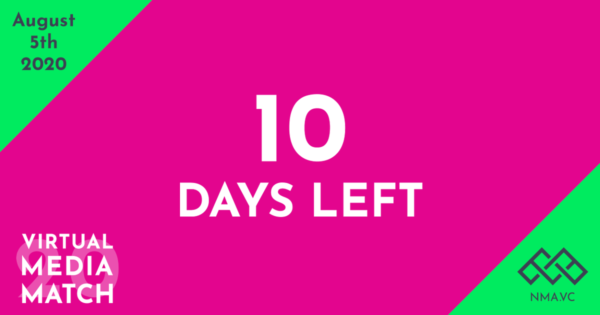 NMA_vc's tweet photo. 10 more days until the second #VirtualMediaMatch on August 5th from 2-6 pm CEST.🔥🚀
▶️ #mediaexecutives, #startups, #investors
▶️ Register now via https://t.co/d2F2GaJ2TH
#NMA https://t.co/TdypEmsX7R