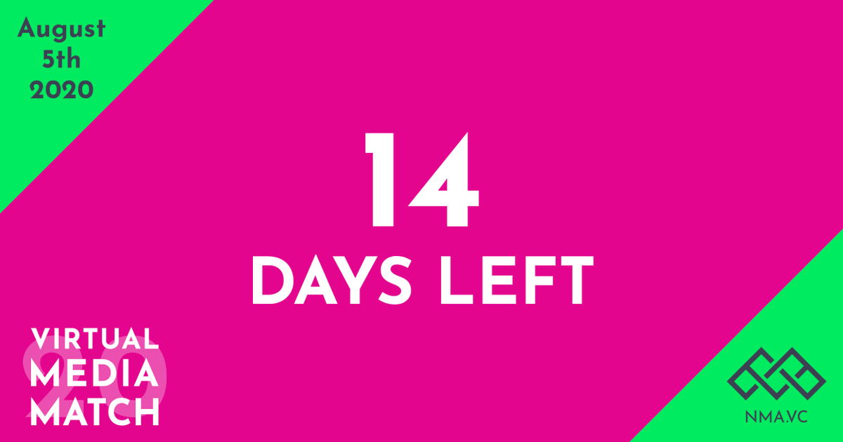 NMA_vc's tweet photo. Two more weeks until the second #VirtualMediaMatch on August 5th from 2-6 pm CEST.🔥🚀
▶️ #mediaexecutives, #startups, #investors
▶️ Register now via https://t.co/d2F2GaJ2TH
#NMA https://t.co/QylBeslpEH