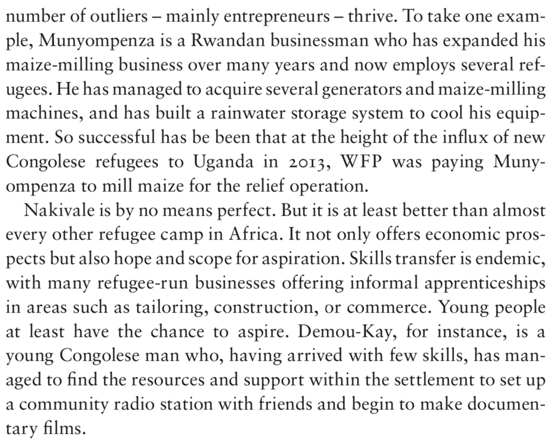 Hopefully they'll do better than Betts & Collier's (unfootnoted) deployment of cheerfully stereotyped 'refugee entrepreneurs', Munyompenza and Demou-Kay, who stay at a nice safe distance from Fortress Europe.('Refuge', p164)