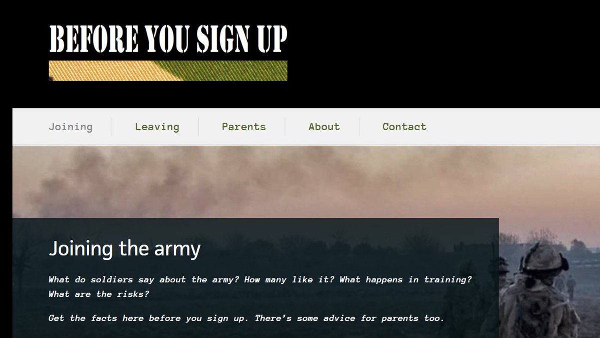 BeforeYouSignUp's tweet photo. After a long break, https://t.co/zriwm0Ykss is back online offering balanced info for young people thinking of joining the @britisharmy, and help for those who would like to leave. Please RT... #armyjobs @armyjobs https://t.co/2BwSCNji7f