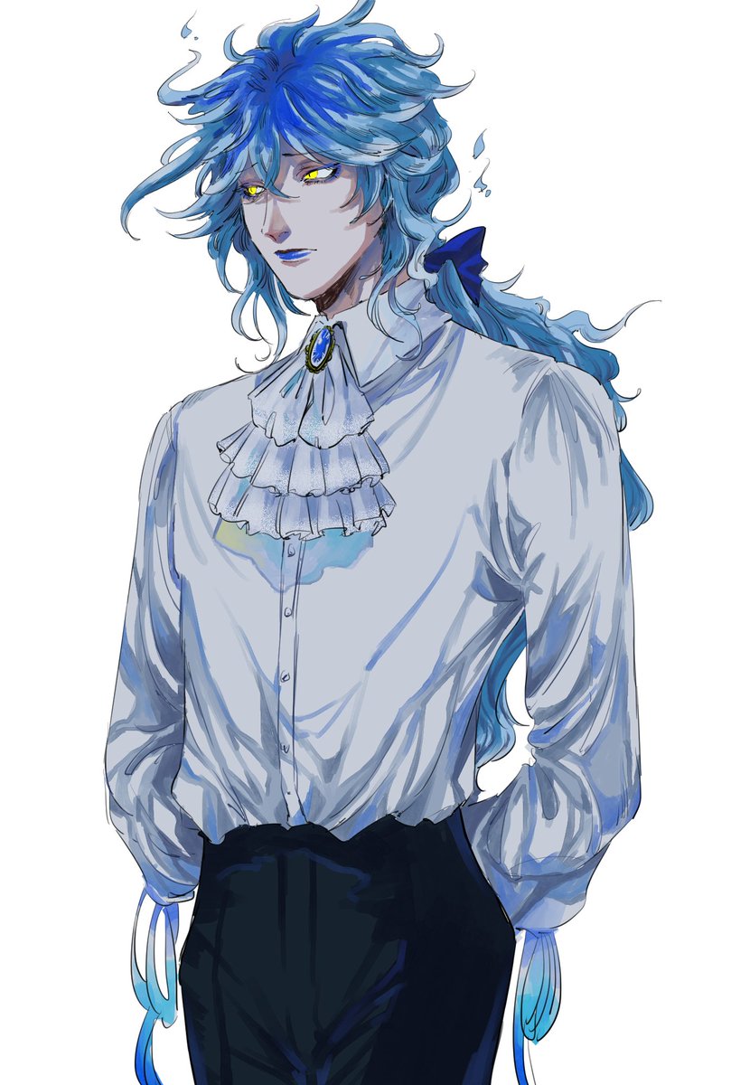 blue lips 1boy male focus long hair yellow eyes blue hair solo  illustration images