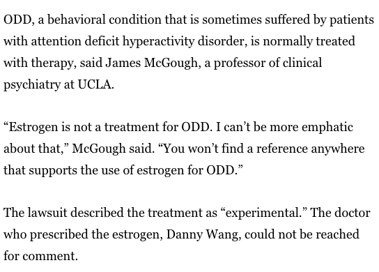 amyalkon's tweet photo. Obscene: Boy, 16, given estrogen as "experimental" treatmt for behav disorder (oppositional defiant disorder) while in LA juvey hall. Medically unsafe &amp; uncalled for.

https://t.co/DhakF2OIoJ

In decent, lawful world, docs do not "experiment" on children held captive by the state https://t.co/SgCj2w6InN