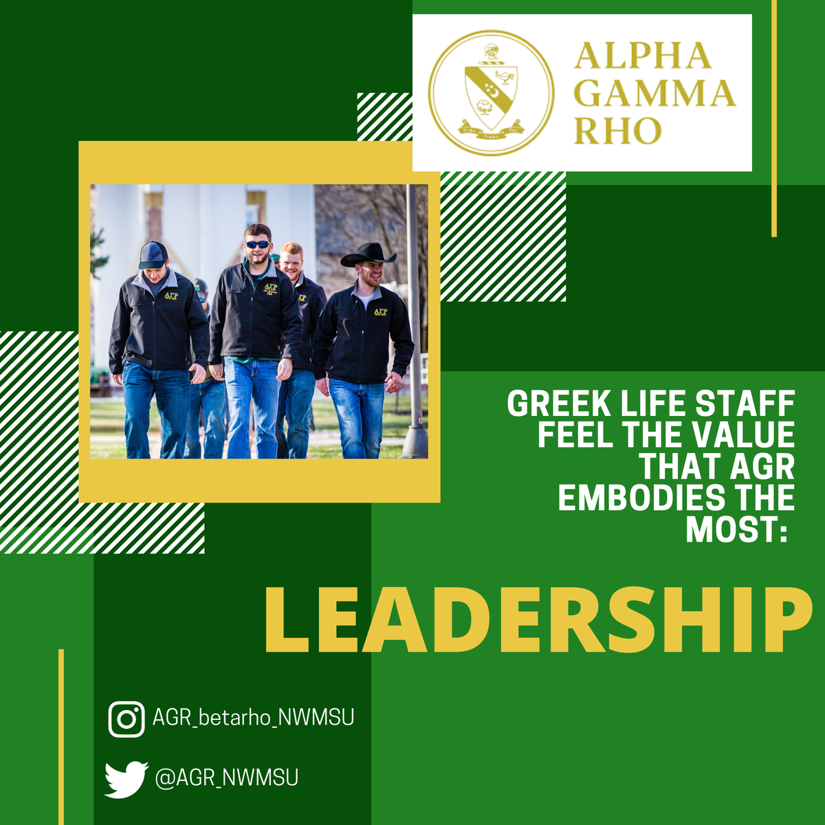 NW_FSL's tweet photo. The men of @AGR_NWMSU embody the value of leadership through their involvement in the @NWMOSTATE #SchoolofAg and drive to advance global, dynamic #agriculture. AGR is NW's only professional-social organization in the @NW_IFC community. #BeNWGreek @AlphaGammaRho https://t.co/wRIXzIjKKx