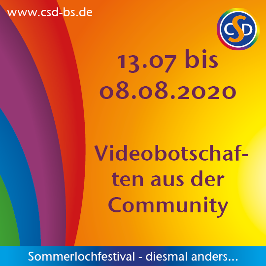 Schickt uns eine Videobotschaft, diese werden wir auf unseren Kanälen veröffentlichen und ggf. auch am 08.08. dem Schlossplatz präsentieren. E-Mail an videos@csd-bs.de oder hier verlinkt. #csd #csdbraunschweig #solo2020 #sommerlochfestival #diesmalanders