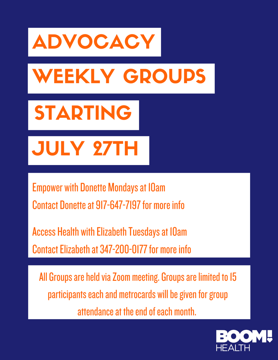 boomhealthnyc's tweet photo. ANNOUNCEMENT: Our Advocacy Team will be starting weekly education groups the week of July 27th over Zoom. Groups are first come, first served and will be limited to 15 participants. Contact Donette or Elizabeth for more information.
#BOOMHealth #healtheducation #advocacy #nyc https://t.co/Q1QAQgMR0T