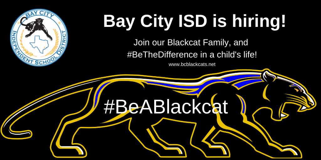 BCISD's tweet photo. Interested in making a difference in the life of a child? We're hiring bus drivers, teachers, coaches, custodians, administrators and more! https://t.co/aFSH5ELuOx #BeABlackcat #BelieveInBCISD @BcisdWendel @ashleyhaggBCISD @BayCityJuniorH1 @janawhiteBCISD @bchsreyes @BcisdT https://t.co/jNItcTfkzi