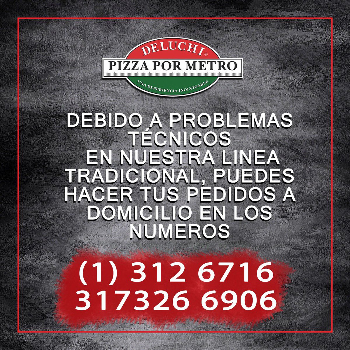Y seguimos con nuestros domicilios...
Comunícate a estos números
1-3126716 y 3173266906.
#deluchipizzapormetro #Bogota 

Vía <a href="/pizzapormetro/">PizzaPorMetroDeluchi</a>