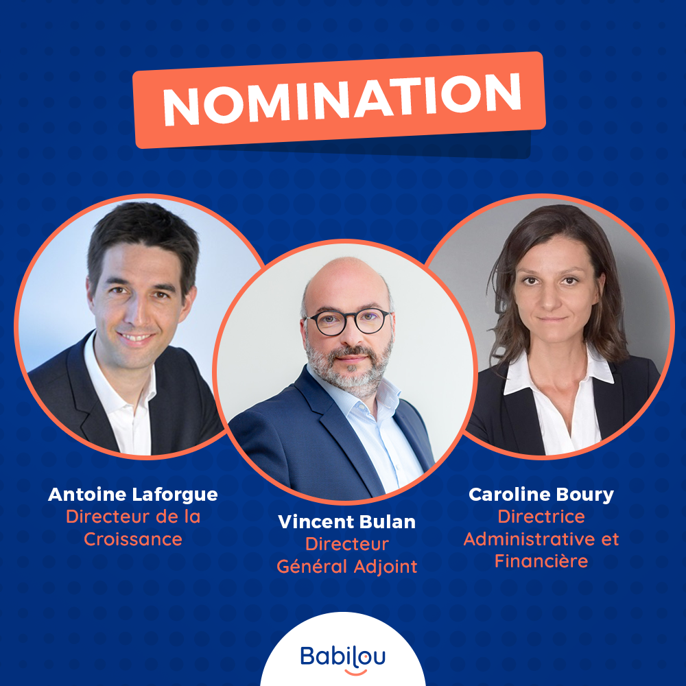 Babilou_fr's tweet photo. [#Communiqué] Renfort de la gouvernance France avec l’arrivée de Vincent Bulan, nouveau Directeur Général Adjoint, Antoine Laforgue à la Direction de la Croissance et Caroline Boury en tant que Directrice Administrative et Financière. 
➡️https://t.co/tpfeQJ7eDv https://t.co/I7Zj5rXlBS