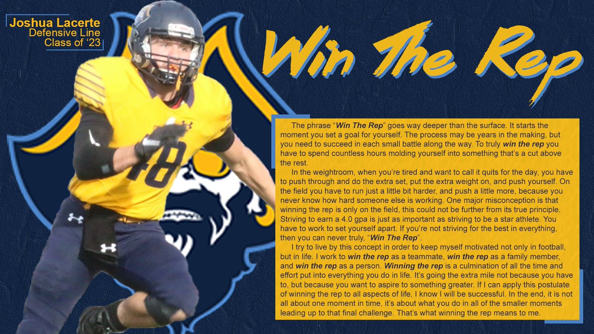 CorsairFootball's tweet photo. “If I can apply this...to all aspects of life, I know I’ll be successful. In the end, it is not all about one moment in time, it’s about what you do in all of the smaller moments leading up to that final challenge,” Josh Lacerte, Class of 24. #WinTheRepWednesday #WinTheRep🏴☠️ https://t.co/YbY0Gs7VLb