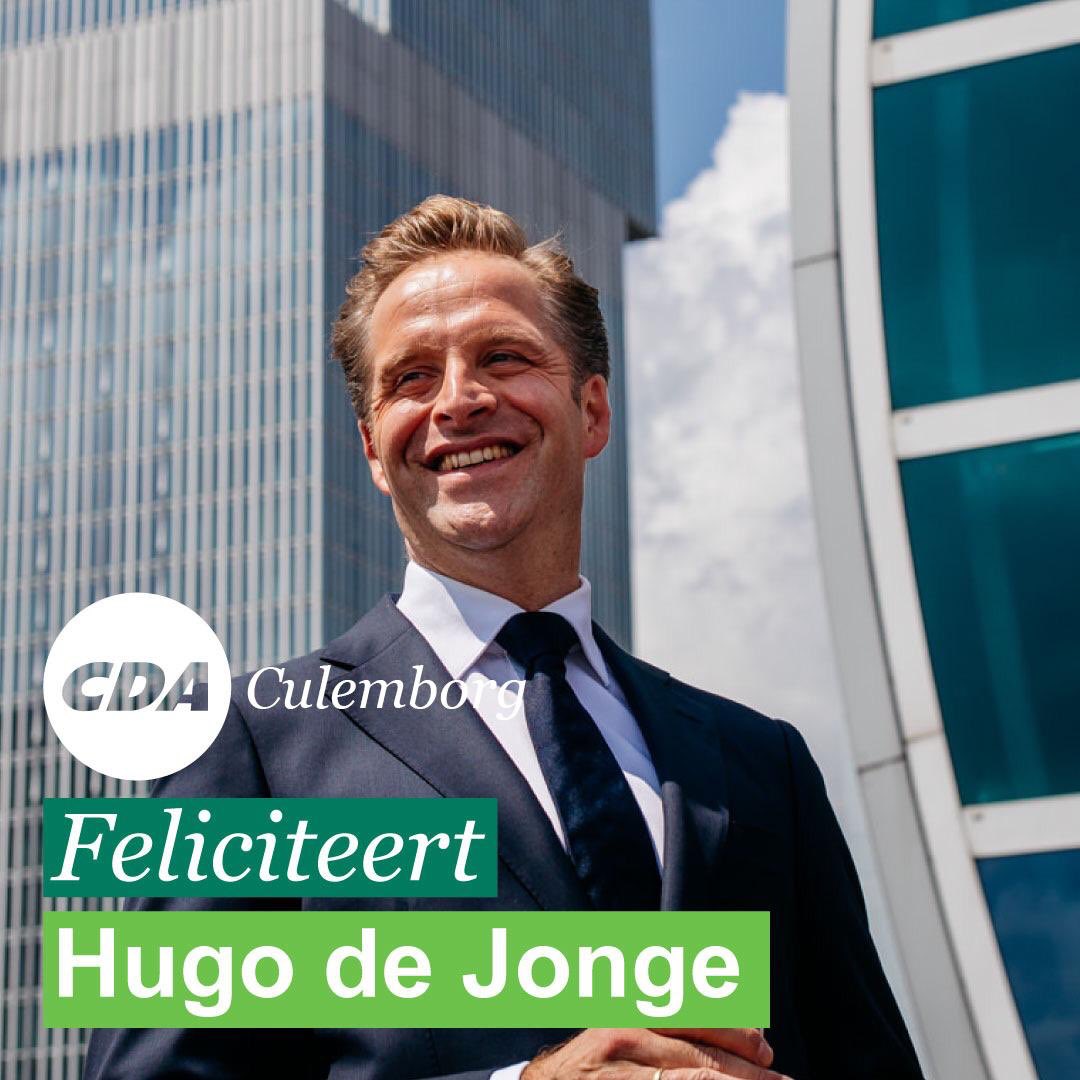 De CDA fractie uit Culemborg wil <a href="/hugodejonge/">Hugo de Jonge</a> van harte feliciteren met zijn mandaat van de leden als aanvoerder van het CDA bij verkiezingen in 2021. Met <a href="/PieterOmtzigt/">Pieter Omtzigt</a> als running mate hebben wij er alle vertrouwen in! Veel succes! #17maart2021 #teamCDA