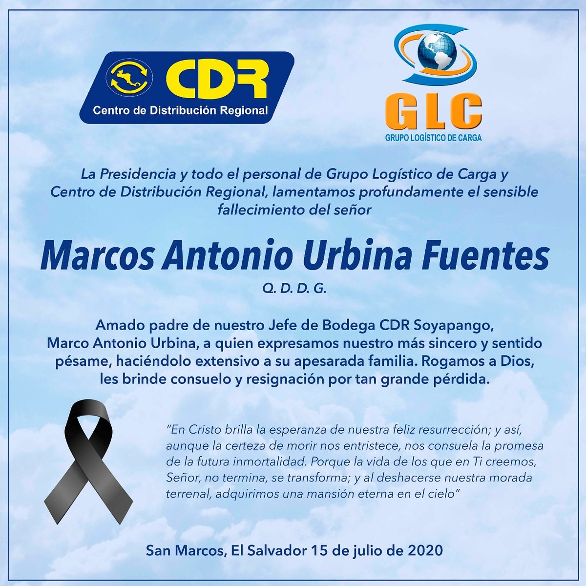 Lamentamos profundamente el fallecimiento del señor Marcos Antonio Urbina  Fuentes (Q. D. D. G.), amado padre de nuestro Jefe de Bodega CDR Soyapango,  Marco Antonio Urbina, a quien expresamos nuestro más sincero, image size:1200x1200