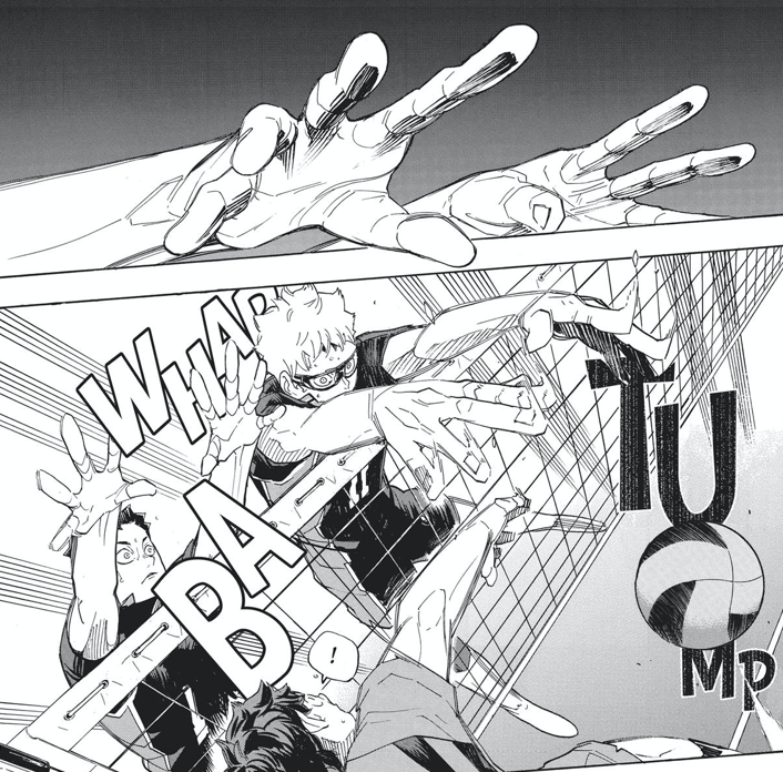 Furudate-sensei breaches panel borders frequently, but I particularly love it when this technique enhances how the actions are perceived.In this case, Tsukishima's thumb breaching the border gives this sense of intrusion