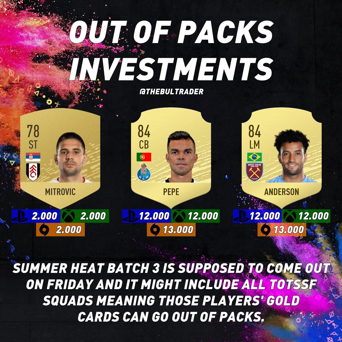 TheBulTrader's tweet photo. INVESTMENTS ๐ธ
For details - https://t.co/KxNq9B12jr
Join my Discord server! https://t.co/n0sLiXasj3
#FIFA #FIFA20 #FUT #FUT20 #FIFAUT #FIFAUT20 #FUTChampions #DivisionRivals #FUTTrading #TOTW #SummerHeat #FUTTIES https://t.co/Gd2L9R3AYw