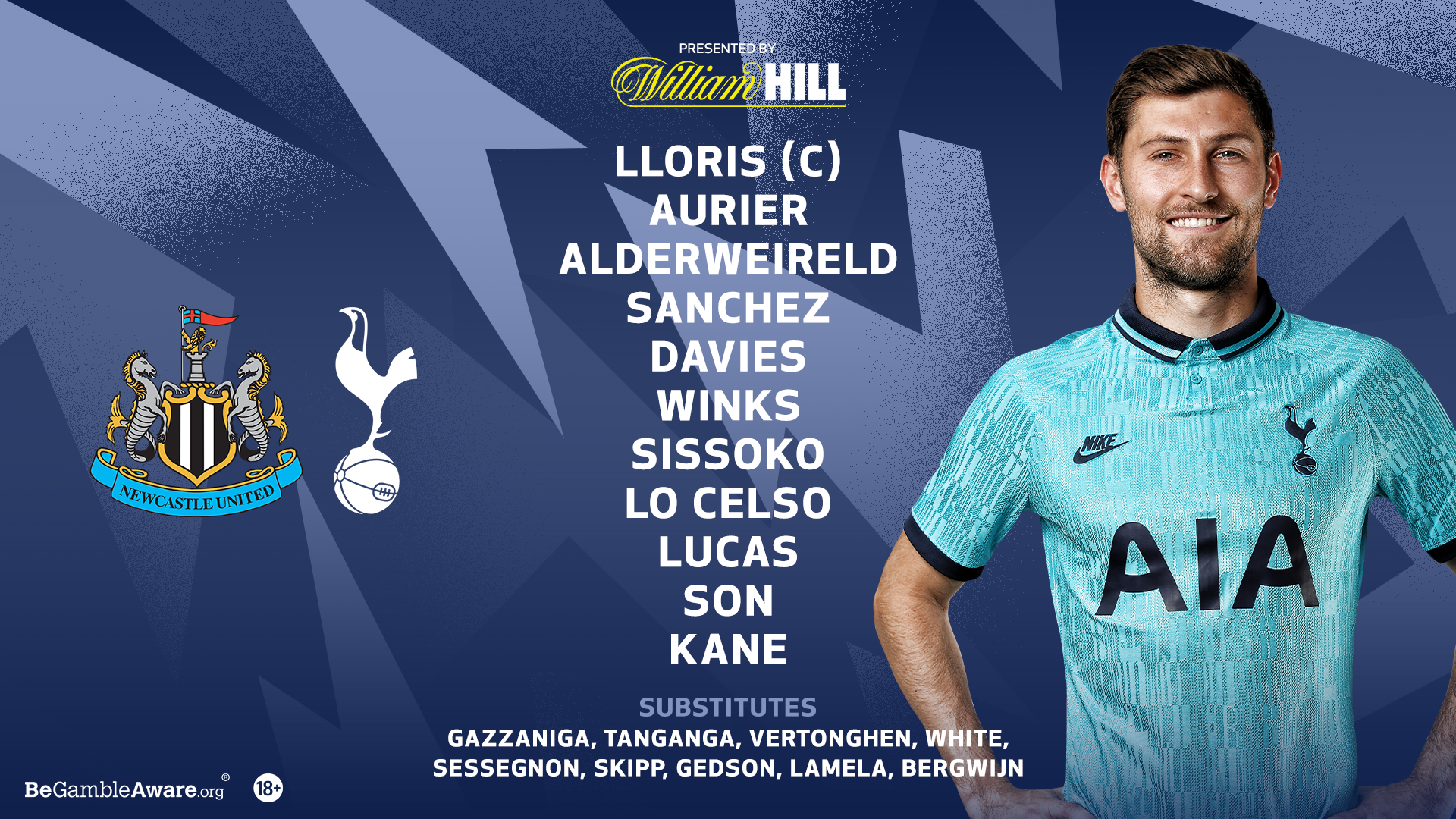 Tottenham Hotspur on X: 𝗧𝗘𝗔𝗠 𝗡𝗘𝗪𝗦! Lloris (C), Aurier, Dier,  Sanchez, Davies, Sissoko, Lo Celso, Bergwijn, Lucas, Son, Kane.  @WilliamHill latest (18+) ➡️  #THFC ⚪️ #COYS   / X