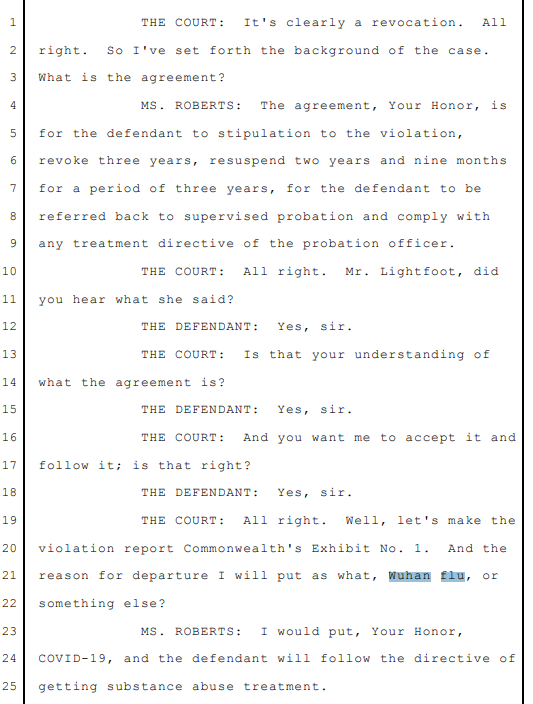 This isn't the first time Cavedo has questioned the  #COVID19 pandemic. On 4/2/20 he granted a deal for a D to avoid jail time but appeared skeptical of the excuse: COVID-19 except he called it " #Wuhanflu"Transcripts3/?