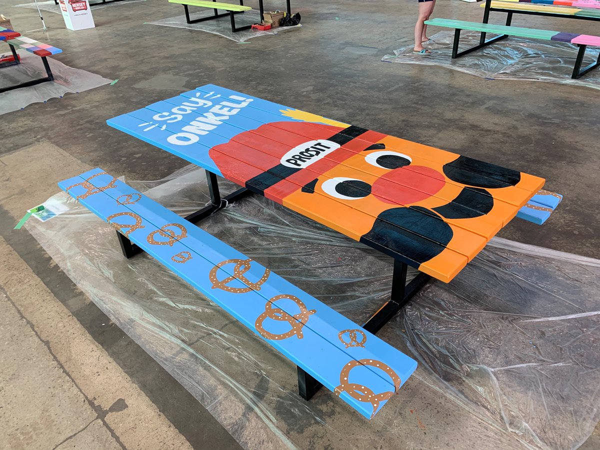 KW_Oktoberfest's tweet photo. @ExploreWR's Art Fresco picnic table, from @home_hardware will be displayed throughout the Waterloo Region. Go find everyone's favourite Onkel! Don't forget to take a picture and tag us when you find him!
#wrunited #artfrescoproject #beautitone #oktoberfestcares https://t.co/b6TwPnPzmV