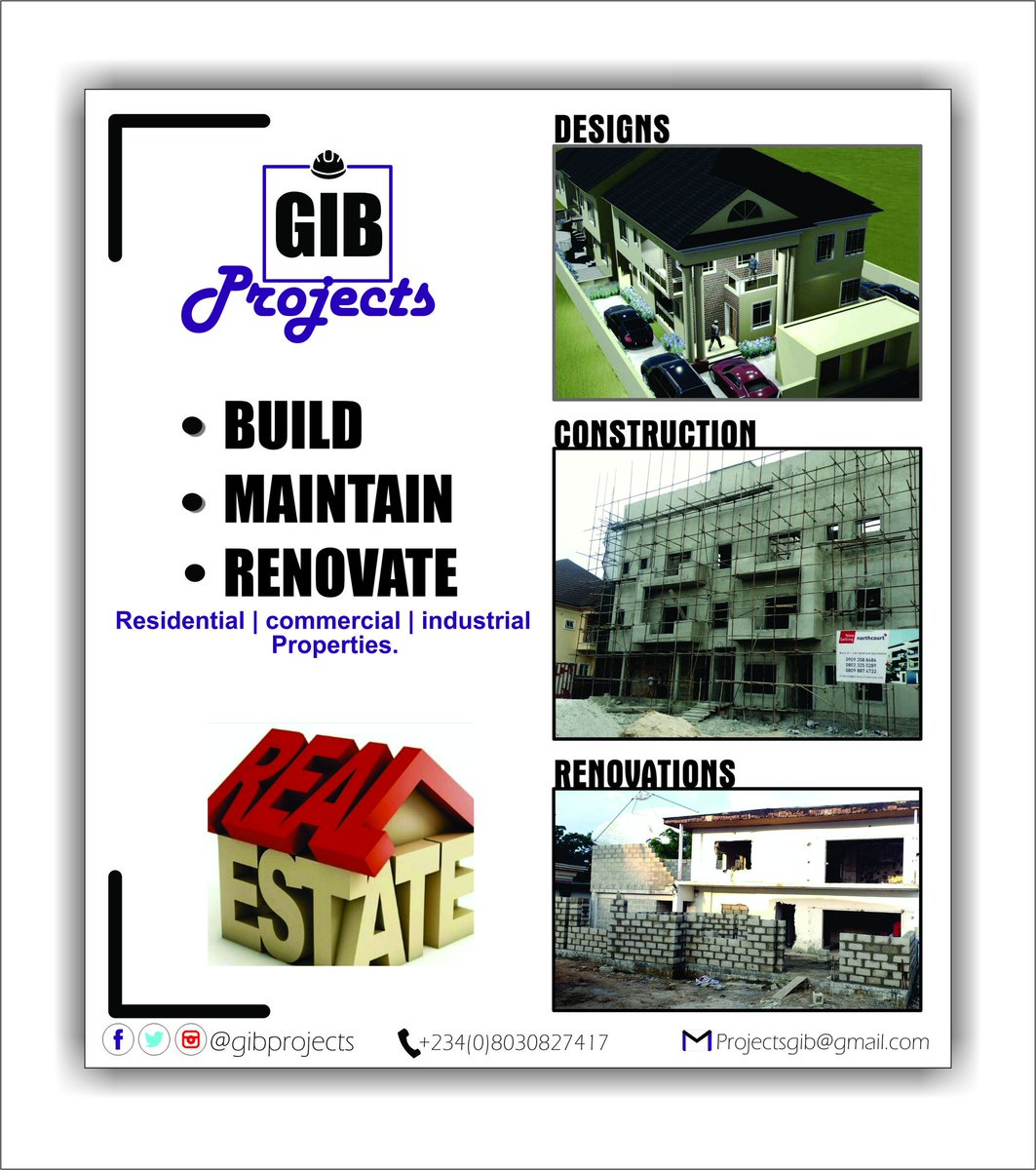 gibprojects's tweet image. Want a safe and conducive, yet economical property?
Want state-of-the-art architectural designs?
Want to revamp an old/abandoned structure?

At GIB Projects, we design, build, maintain and renovate Real Estate Properties (Homes, Industrial &amp;amp; Commercial Companies).

Contact us now
